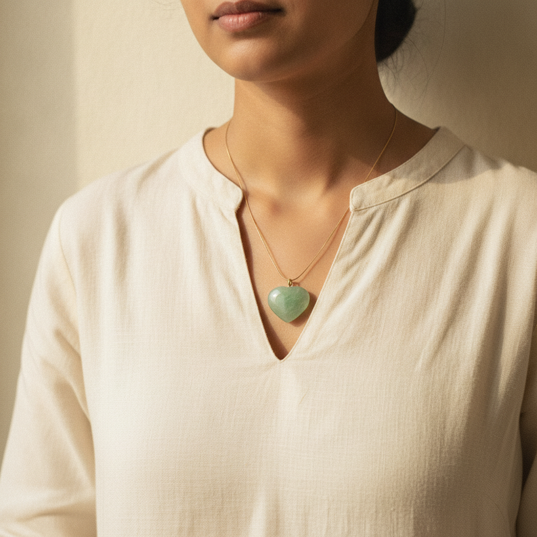Green Aventurine Heart Pendant — worn moment