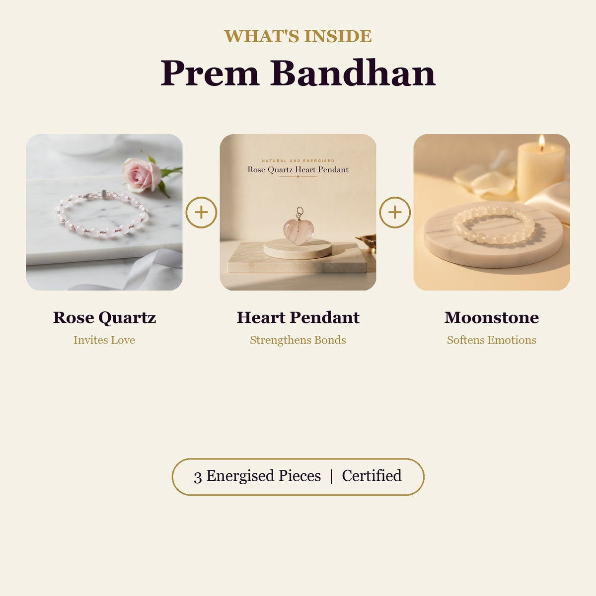 Prem Bandhan Combo (Rose Quartz Bracelet + Heart Pendant + Moonstone) (Lab Certified)