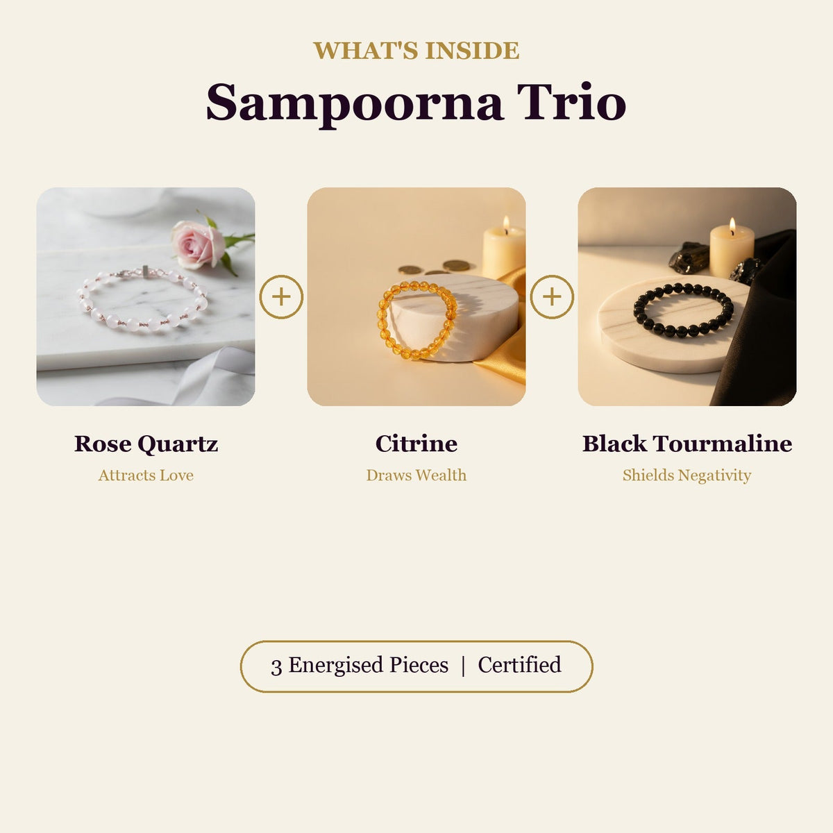 Sampoorna Trio Combo (Rose Quartz + Citrine + Black Tourmaline)