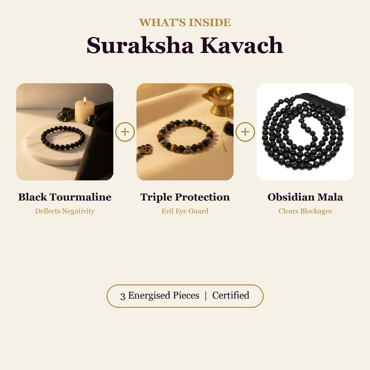 Suraksha Kavach Combo (Black Tourmaline + Triple Protection + Black Obsidian Mala)