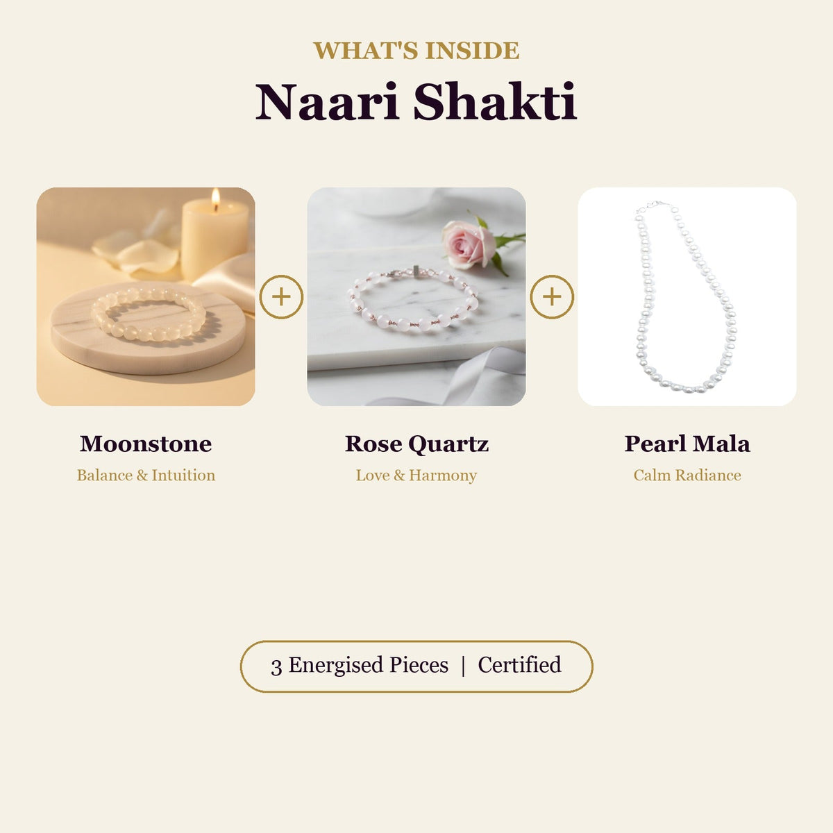Naari Shakti Combo (Moonstone + Rose Quartz Bracelet + Pearl Mala) (Lab Certified)