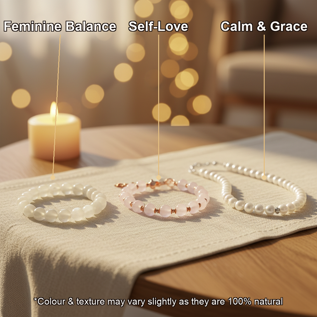Naari Shakti Combo (Moonstone + Rose Quartz Bracelet + Pearl Mala) (Lab Certified)