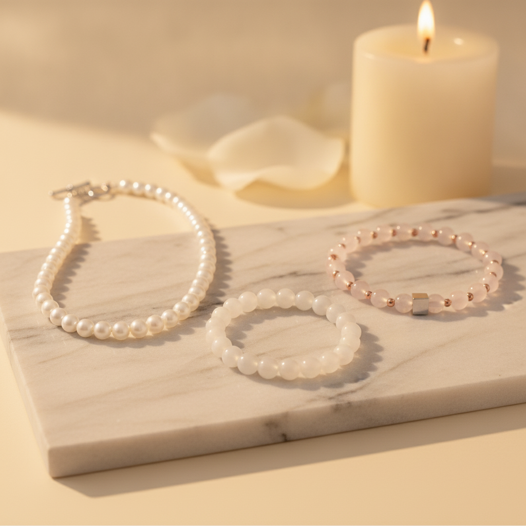 Naari Shakti Combo (Moonstone + Rose Quartz Bracelet + Pearl Mala) (Lab Certified)