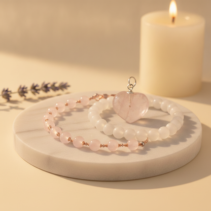 Prem Bandhan Combo (Rose Quartz Bracelet + Heart Pendant + Moonstone) (Lab Certified)