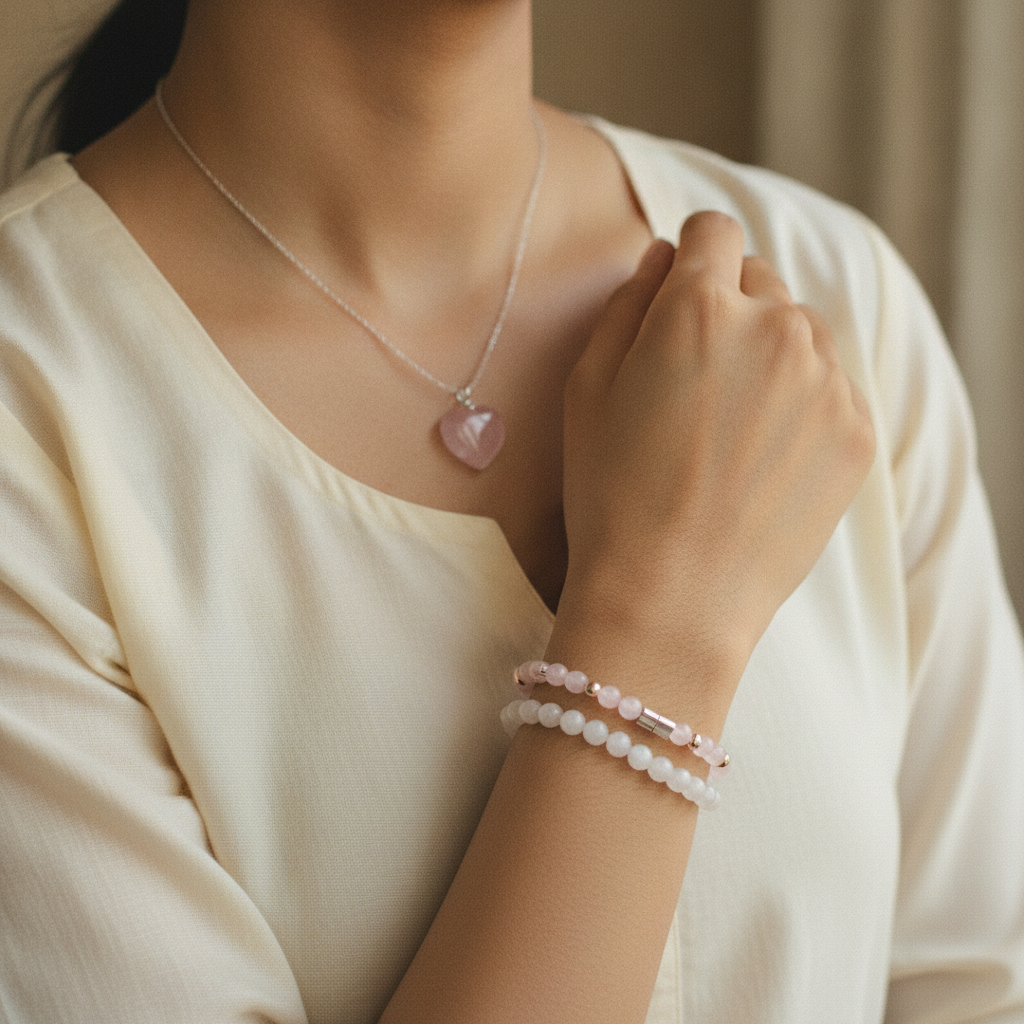 Prem Bandhan Combo (Rose Quartz Bracelet + Heart Pendant + Moonstone) (Lab Certified)