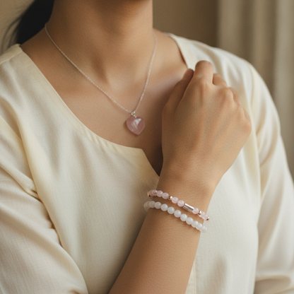 Prem Bandhan Combo (Rose Quartz Bracelet + Heart Pendant + Moonstone) (Lab Certified)
