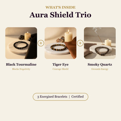 Aura Shield Trio (Black Tourmaline + Tiger Eye + Smoky Quartz)