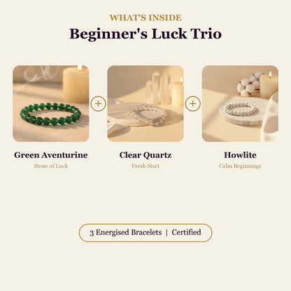 Beginner's Luck Trio (Green Aventurine + Clear Quartz + Howlite)