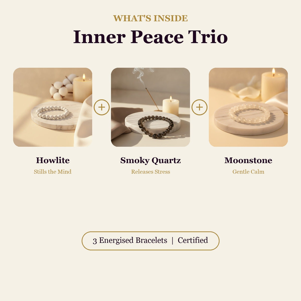 Inner Peace Trio (Howlite + Smoky Quartz + Moonstone)