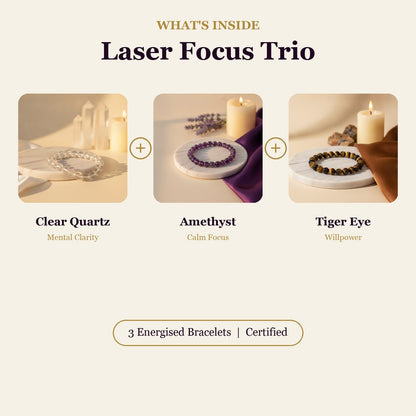 Laser Focus Trio (Clear Quartz + Amethyst + Tiger Eye)