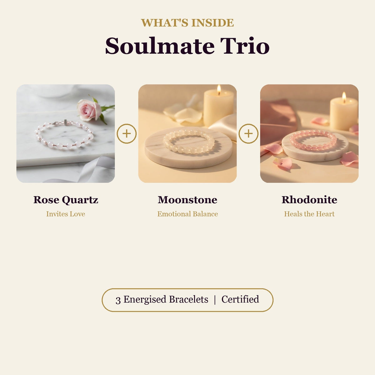 Soulmate Trio (Rose Quartz + Moonstone + Rhodonite)